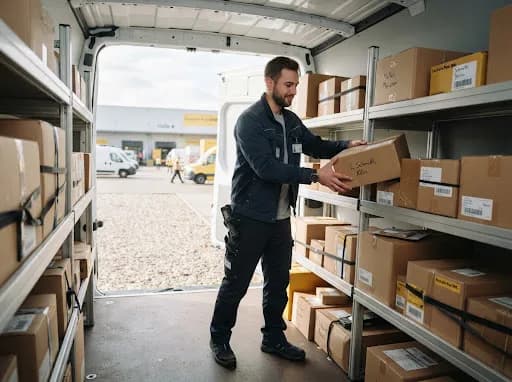 Șofer livrând un colet pe traseu